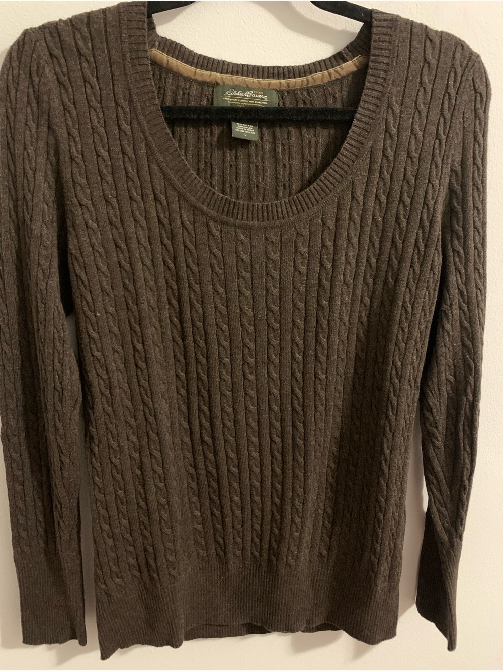 Eddie Bauer Women's Brown Cable-Knit Scoop Neck Sweater